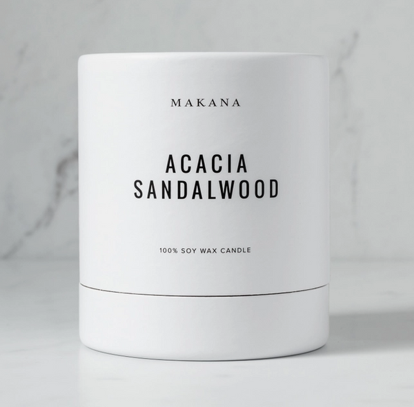 acacia sandalwood soy candle clean white packaging
