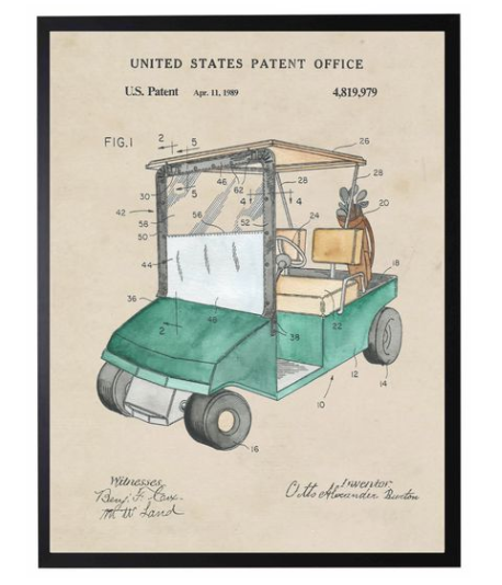 Watercolor Golf Cart Patent Illustration