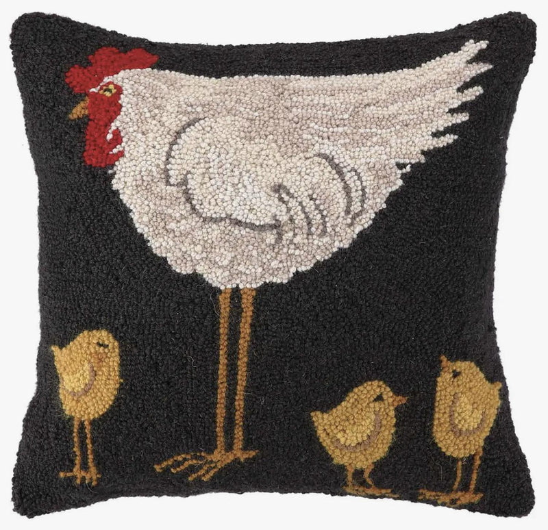 Hen and Chicks Hooked Pillow