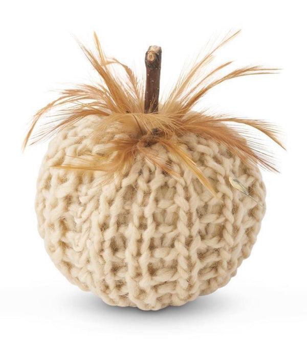 Cream Crochet Pumpkin w/Wood Stem and Feathers