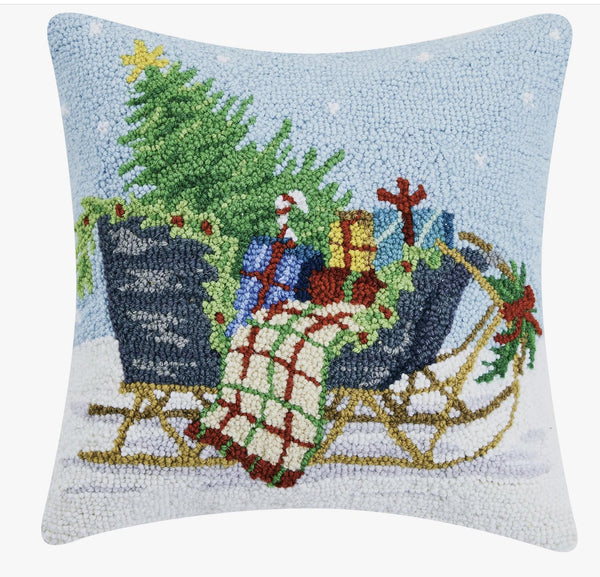 Christmas Tree and Presents on Sled Hook Pillow