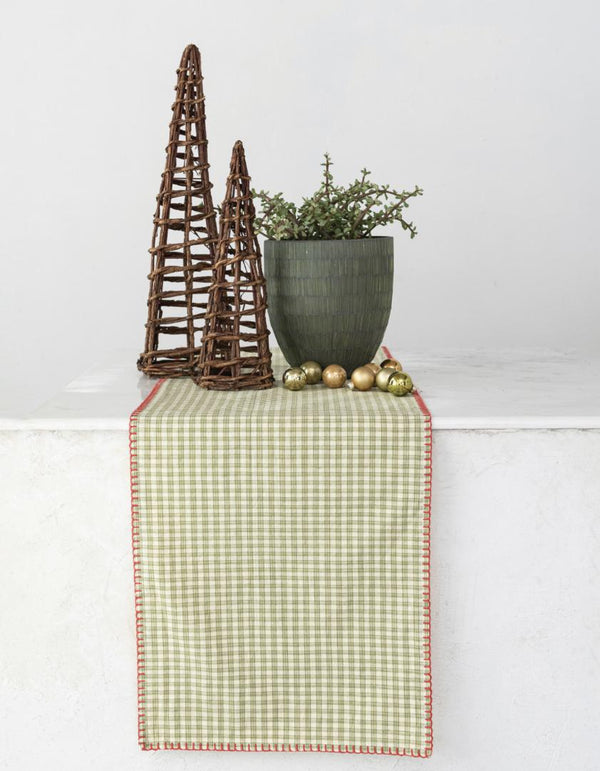 Xs3358 Green Plaid Table Runner w/Red Stitch
