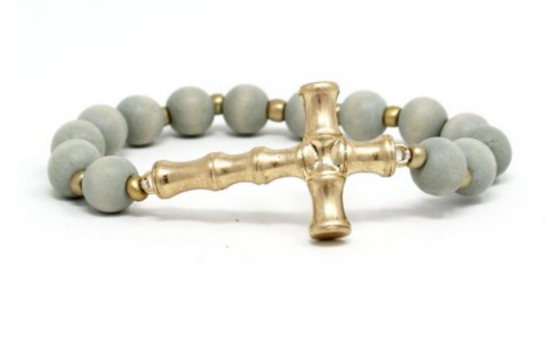 Wood Bead & Gold Cross Stretch Bracelet