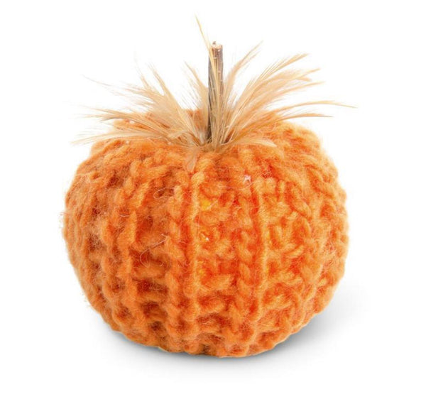 Orange Crochet Pumpkin w/Wood Stem and Feathers