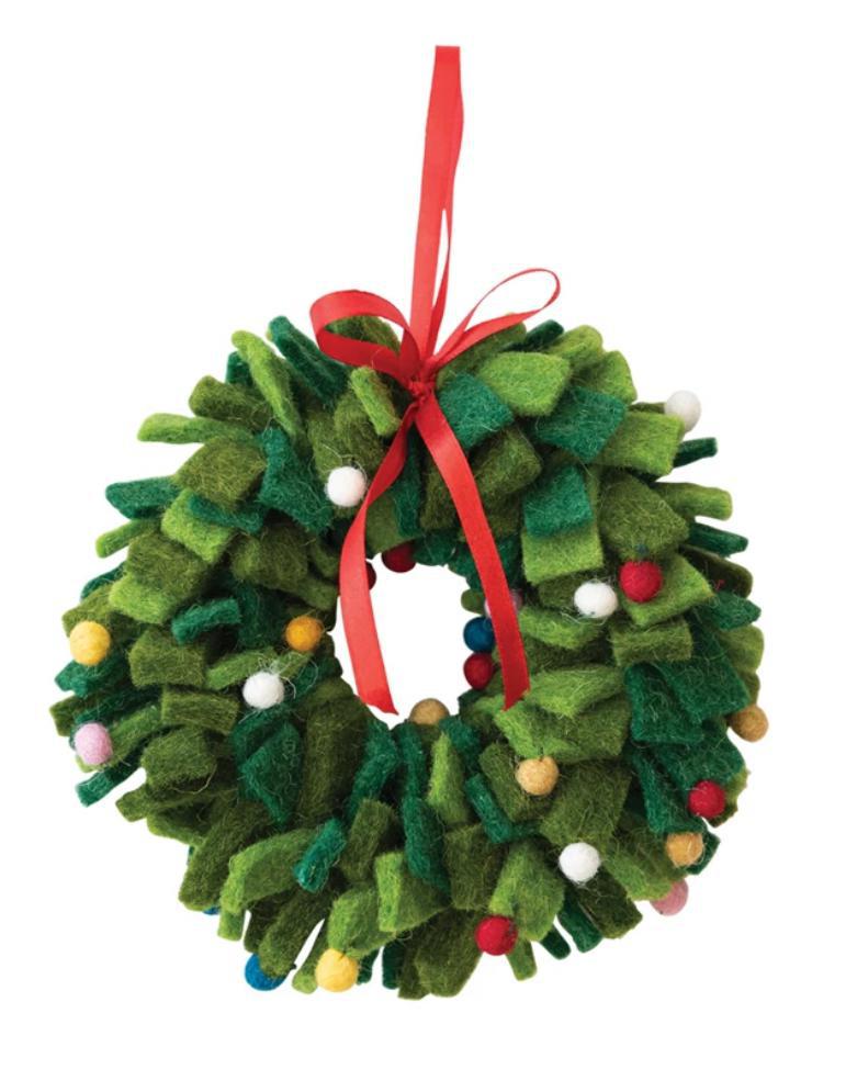 Handmade wool felt wreath ornament w/Pom Poms