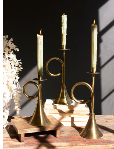 Antique Brass Trumpet Taper Candle Holders