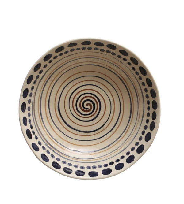 Cream, Blue & Brown Hand-Painted Serving Bowl