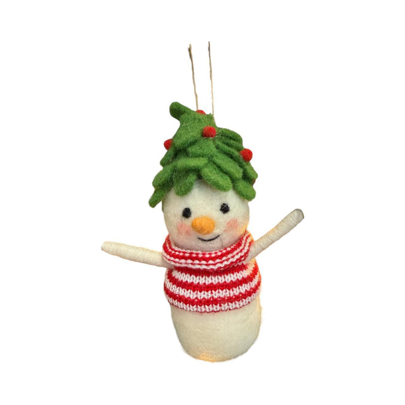 White WoolSnowman w/Tree Hat Ornament