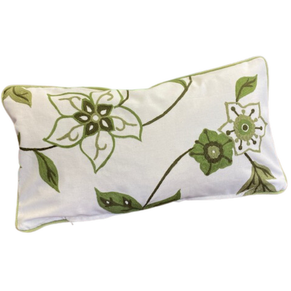 Custom Crewel Green Flowers Lumbar Pillow