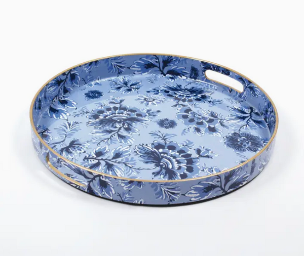 Blue & White Floral Round Tray 14"