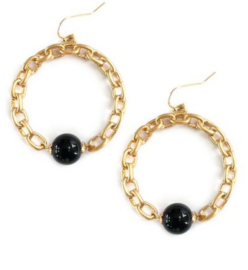 Gold Link Earring with Black Bead Accent