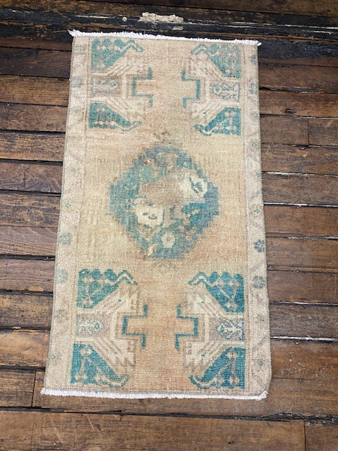 Hand Knotted Vintage Turkish Rug. Featuring a stunning palette of pale turquoise and blush