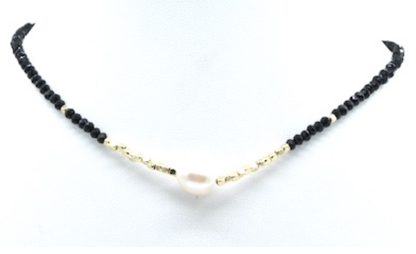 Hematite and gold bead choker with pearl