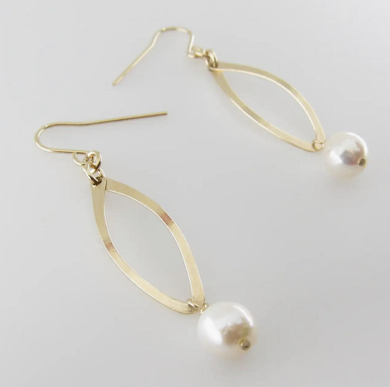 J Mills small forged curved marquis earring with baby baroque pearl