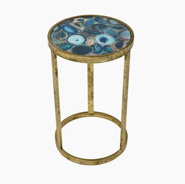 Kreydt round blue agate and gold metal accent table