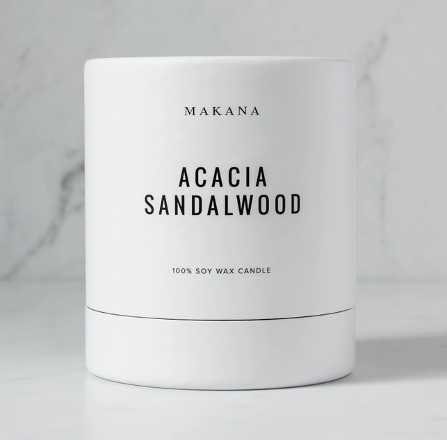 acacia sandalwood soy candle clean white packaging