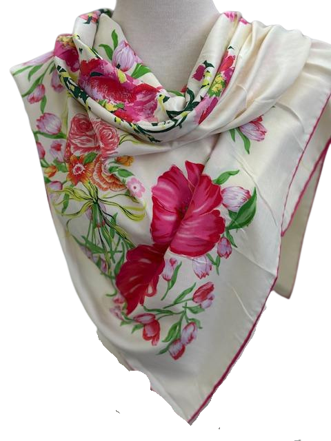 Pink Flowers on cream silk scarf
