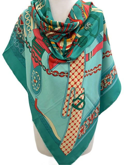 Turquoise and green abstract silk scarf