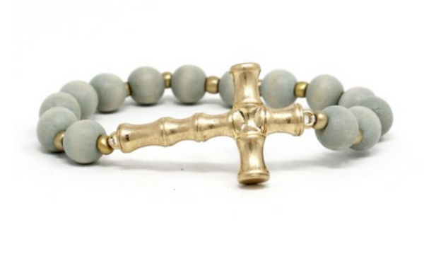 Wood Bead & Gold Cross Stretch Bracelet