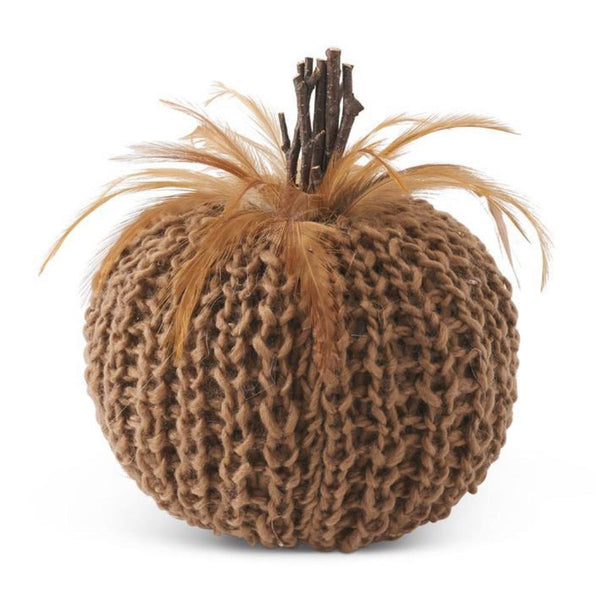 Brown Crochet Pumpkin w/Wood Stem and Feathers