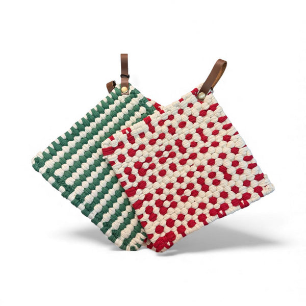 Cotton Crocheted Pot Holder w/Leather Strap