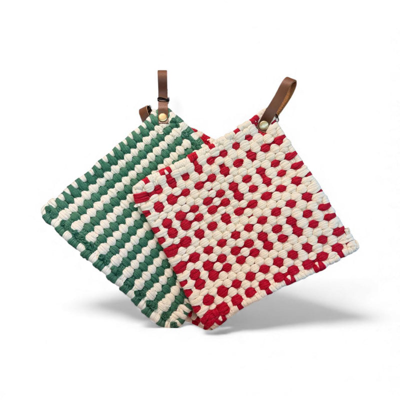 Cotton Crocheted Pot Holder w/Leather Strap