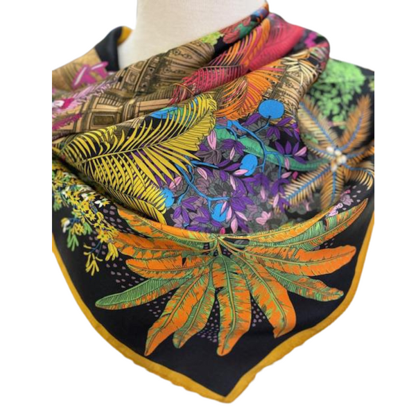 Black botanical silk scarf