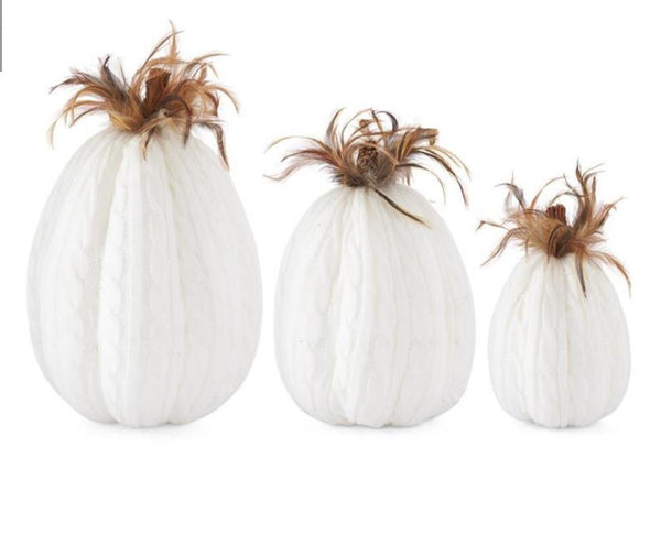 White Cable Knit Pumpkin w/Wood Stem and Feather
