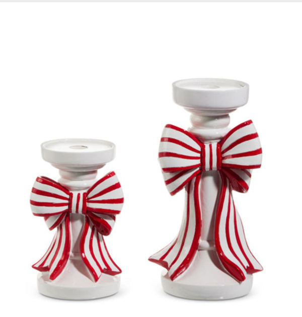 Red & White Stripe Bow Candle Holder