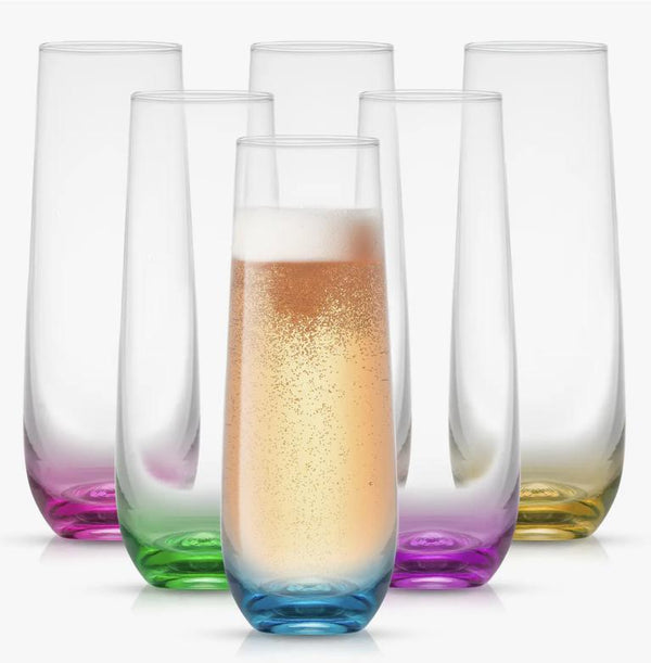 set of 6 champagne flutes with colored bottoms