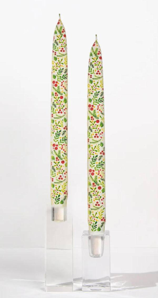 Flatyz Winter Greenery & Holly Berries Taper Candle