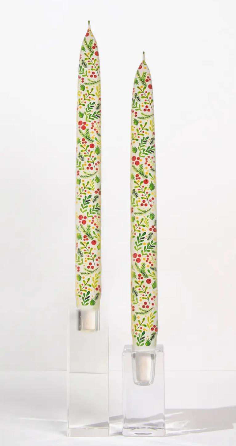 Flatyz Winter Greenery & Holly Berries Taper Candle