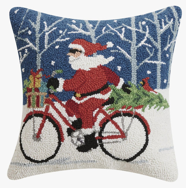 Santa on Bicycle Hooked Pillow