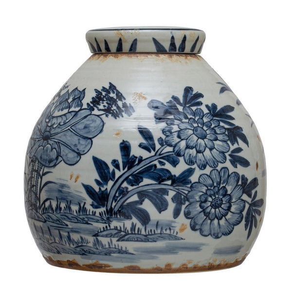 Blue & White Stoneware Jar 11"