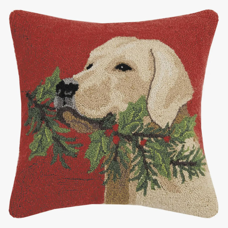 Golden Lab dog with Holly Branch Hook Pillow