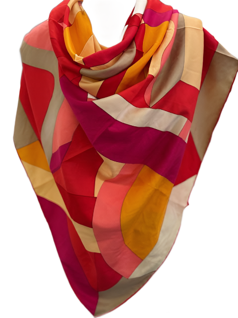 Red coral yellow geometry silk scarf