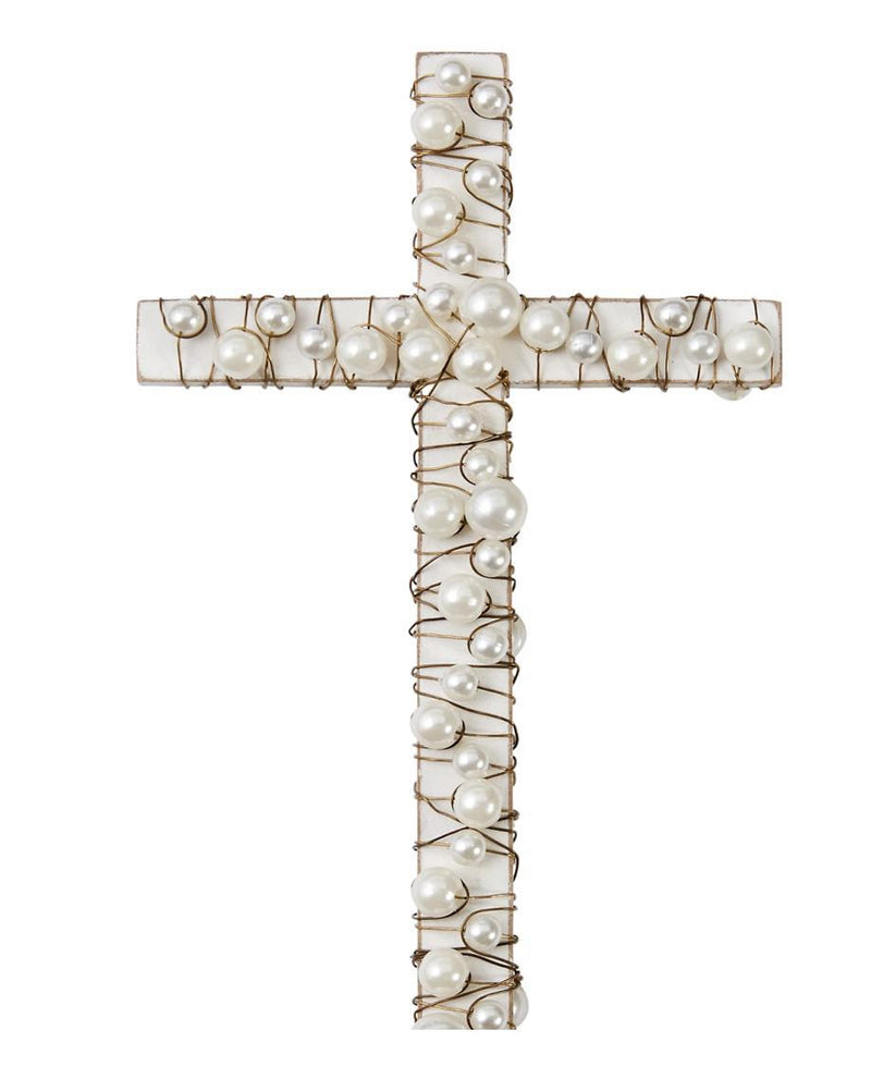 White Wood Cross with Pearls