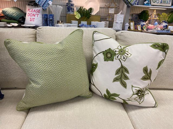 Custom Crewel Green Flowers Pillow